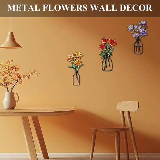 Fanjashn 3 Pcs Metal Flowers Wall Art, Floral Art Wall Decor, Minimalist Flower Wall Decor for Living Room, Bathroom, Bedroom, Kitchen and Dining Room