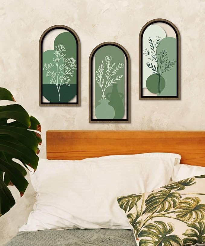 Putuo Decor Boho Botanical Wall Art Set of 3, Abstract Floral Artwork with Vase and Green Tones, Mid Century Modern MDF Wooden Wall Decor for Living Room Bedroom Office, Arch Design 16x8in
