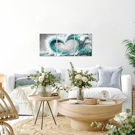 HOMEOART Bedroom Wall Art Ocean Wave Painting Love Sign Wall Decor Framed Artwork Bathroom Bedroom Living Room Decor (Turquoise)