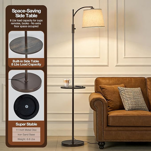 AIDENOEY Fully Dimmable Floor Lamp for Living Room,Standing Lamp Rotary Switch with Table&Linen Beige Shade,Brown Tall Lamps for Bedroom with Adjust Head,9W LED Bulb Included