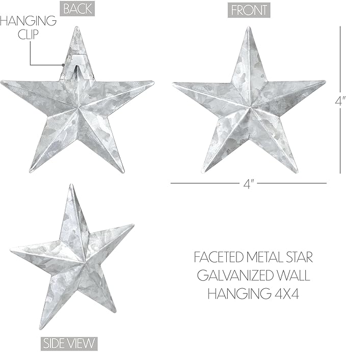 VHC Brands Patriotic Faceted Metal Star Galvanized Wall Hanging 4x4, Independence Day Decor, American Star Design, Distressed Appearance Metal Wall Hanging