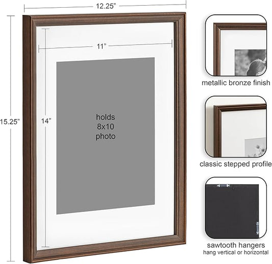 Kate and Laurel Adlynn Rectangle Picture Frame Set of 4; 11 x 14 matted to 8 x 10; Bronze; Vintage Four-Piece Frame Set for Gallery Wall Frame Set in Living Room Wall Decor
