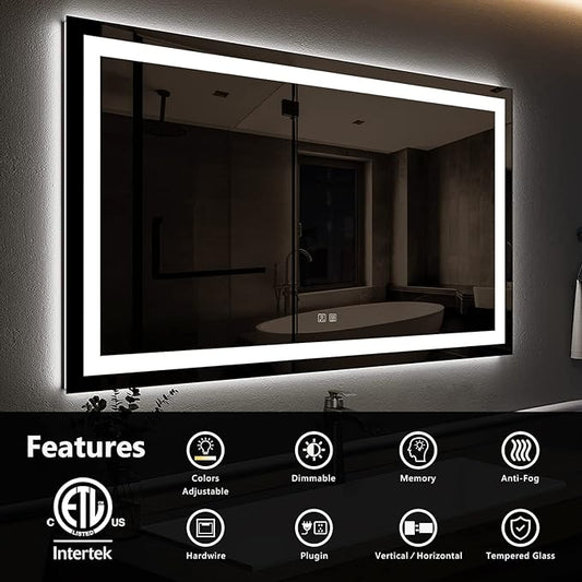 ROOMTEC 48 x 30 Inches LED Bathroom Mirror with Lights, Vanity Mirror with Front and Backlight, Smart Dimmable Anti-Fog LED Mirror for Bathroom, Memory Function, Tempered Glass (Horizontal/Vertical)
