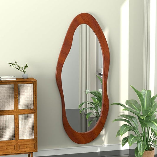 55"x 24" Irregular Wavy Full Length Mirror Brown Wooden Framed Full Body Mirror Irregular Wall Mirrors Hanging for Bedroom Living Room Cloakroom Walnut Brown Color