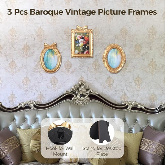 4 Styles Vintage Picture Frames, Small Golden Picture Frames, 4 Sizes Picture Frame 5.5''x4.6''/4.7''x4.7''/5.9''x7.7''/4.5''x5.4'',Collage Wall Mount & Tabletop Photo Display for Gallery Home Decor (Pack of 3)