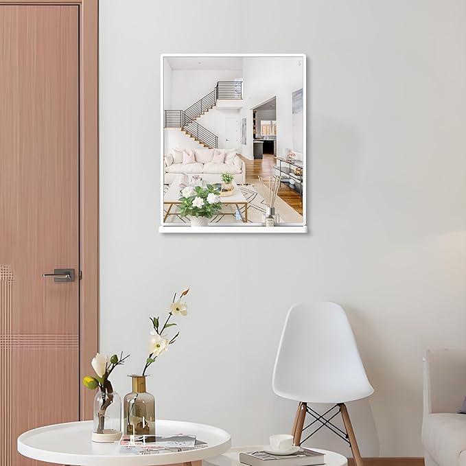 Bathroom Mirror with Shelf, White Rectangle Wall Mirror Metal Frame, Hanging Horizontal or Vertical (24'' X 20'')