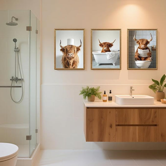 FYLDPSB 3Pcs Framed Highland Cow Bathroom Canvas Wall Art, Funny Bathroom Signs Animal Wall Decor, Rustic Cute Bathroom Poster Prints for Bathroom Restroom Decor 24''L x 16''W