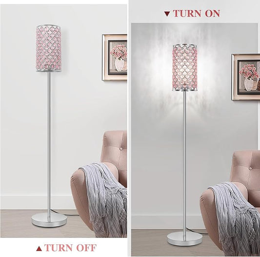 Crystal Floor Lamp for Bedroom, Silver Floor Lamp with Pink Shade, Girls Lamp with On/Off Foot Switch, Elegant Standing Light Tall Pole Lamp for Living Room, Dresser, Office (E26 Base)