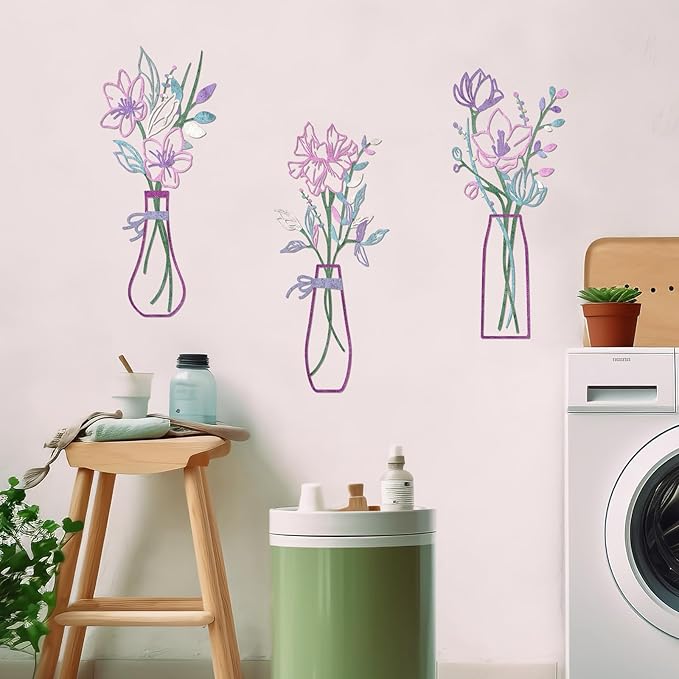 Zzbakress 3 Pcs Metal Flowers Wall Arts Rustic Farmhouse Decor Bathroom Wall Decor Metal Wall Decor for Living-room Dining-Room Kitchen Minimalist Decor Housewarming Gifts(Pink Purple)