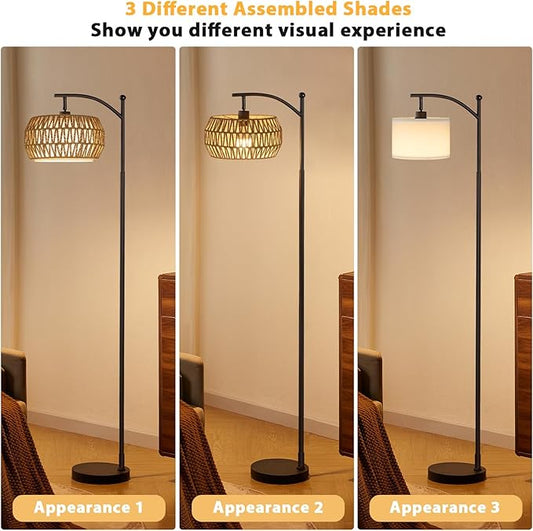 Ambimall Arc Floor Lamp for Living Room with Remote, Color Temperature & Brightness Adjustable, Bohemia Standing Lamp with Rattan & Fabric Double Drum Shades, Bulb Included(Black)
