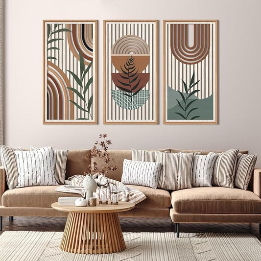 IARTTOP Framed Boho Mid-century Modern Wood Wall Art 16x32 Inch Large Bohemian Abstract Geometric Wooden Wall Decor Minimalist Brown Green Plant Decor for Bedroom Living Room Dining room Set of 3