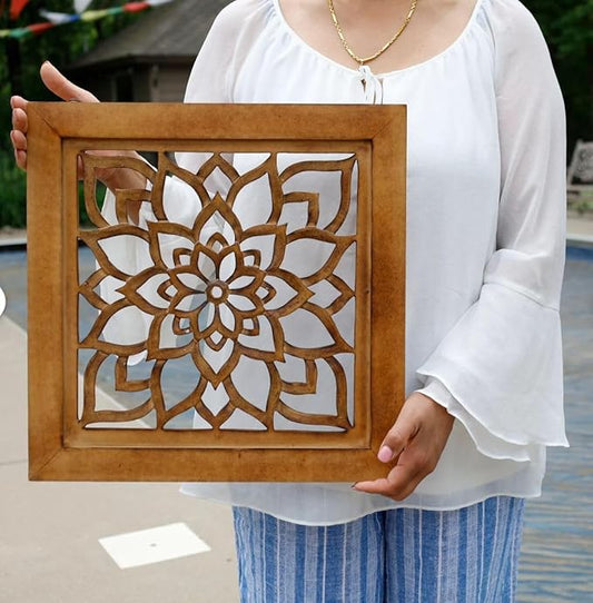 DharmaObjects Handcrafted Lotus Wood Wall Panel Decor Hanging Art 16" X 16" (Walnut)