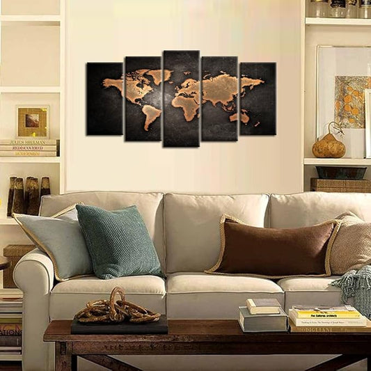 KREATIVE ARTS Retro World Map Poster Framed 5 Pcs Giclee Canvas Prints Vintage Abstract World Map Painting Printed on Canvas Ready to Hang for Living Room Office Decor Gift