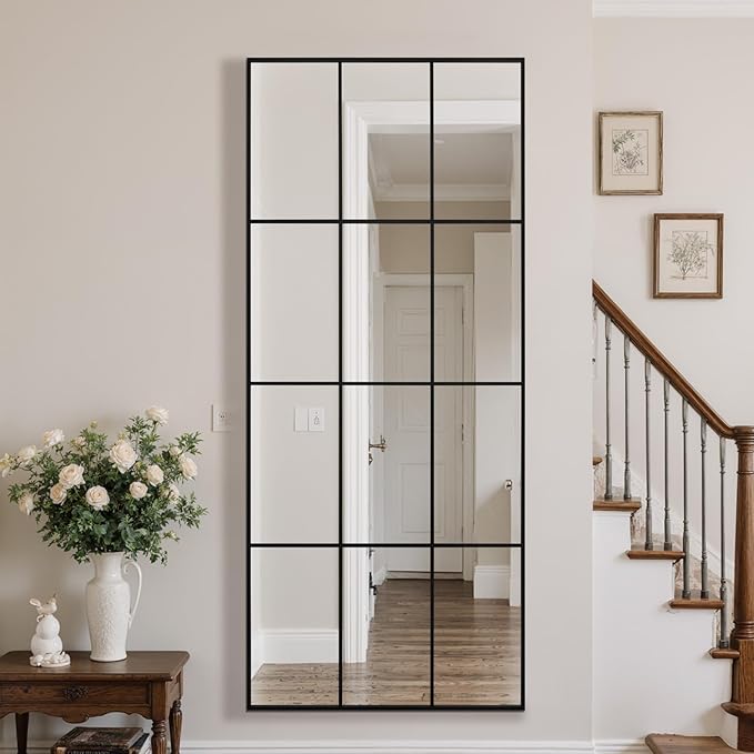 Anpark Windowpane Mirror Full Length 71""x30"" Wall Mounted Art Pane Mirror Farmhouse Decorative Floor Mirror Leaning Hanging Wall Mirror for Bedroom Living Room Entrance, Black