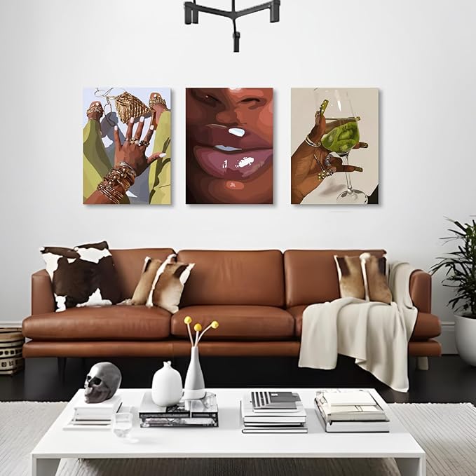 Hianan Black Girl Canvas Wall Art Set of 3, Framed African American Woman Wall Decor, Fashion Black Women Poster Prints, Abstract Black Girl Aesthetic Pictures for Living Room Bedroom 12"x16"