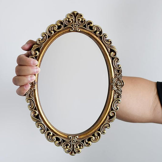 OIGUMR Oval Smallest Wall Mirror Resin Frame Size:12 x 8.3 inch Mirror Vintage Hanging Mirrors for Bedroom Living-Room Dresser Decor Gold