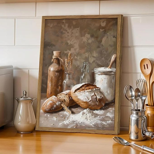 Framed Vintage Kitchen Wall Art, Rustic Bread and Flour Pictures Wall Decor Paintings, Farmhouse Food Poster Canvas Prints Country Home Decor for Dining Room Living Room Bakery 12x16 inch