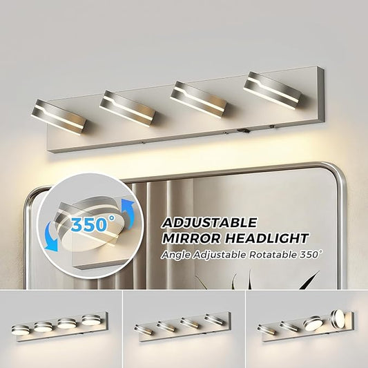 26" Motion Sensor Vanity Light Brushed Nickel, 3CCT 4-Light Modern LED Bathroom Lighting Fixtures Over Mirror, Dimmable Rotatable Head Wall Sconce, 3000K-6000K Color Selectable