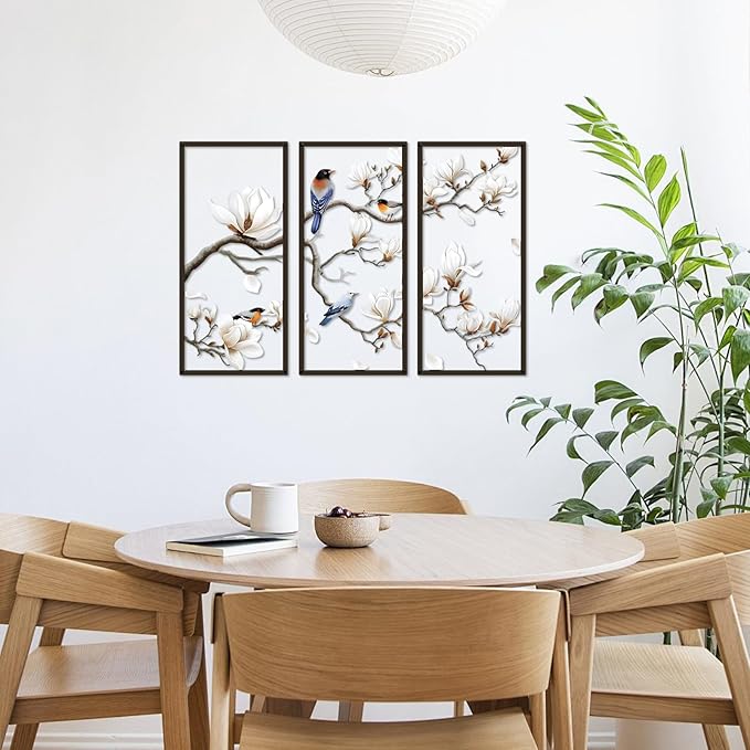 ShxTrade Metal Birds Wall Art, Large Metal Wall Art Vivid Bird on Tree Branch Silhouette Art Decor White Magnolia Tree Wall Sculpture for Home Living Room Garden Bedroom