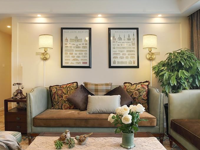 GOODATE Plug in Wall Sconces with Remote Control, Dimming & Adjustable Colors 2700K-6500K, Hardwire or Plug-in, Swing Arm Wall Lamp with Linen Fabric Shade, Wall Sconces Set of Two, Gold Finish