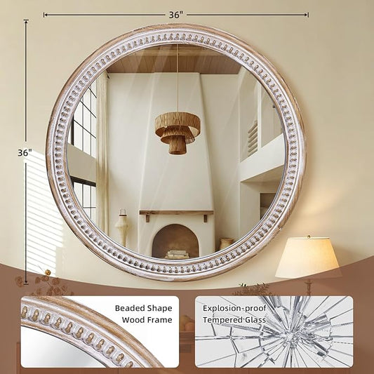 HOITUZYUS 36 Inch Round Wall Mirror for Bathroom Over Sink, Rustic Farmhouse Wooden Framed Circle Vanity Mirrors for Wall Decor, Bedroom, Entryway, Living Room