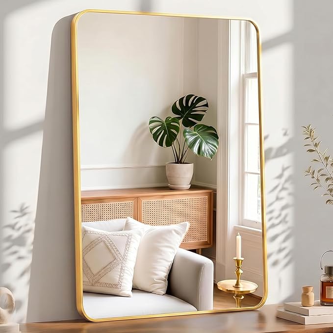 OLIXIS Bathroom Mirror for Over Sink, 48x30 Inch Wall Mount Mirror with Rounded Rectangle and Matte Metal Framed, Modern Wall Vanity Mirror for Home Decor, Living Room, Bedroom, Gold