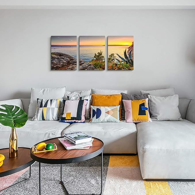 TTHYUEWS Wall Art For Living room beach sunset landscape Wall Decor for artwork Painting 16" x 24" 3 Pieces Canvas Prints For bedroom Decor Modern Salon kitchen office wall Painting Home decorations