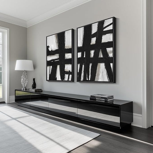 Large Framed Black and White Abstract Wall Art for Living Room, 2 Piece Modern Canvas Prints Wall Paintings Artwork for Walls, Minimalist Black Lines Pictures for Hallway Office Wall Decor 24x36 In