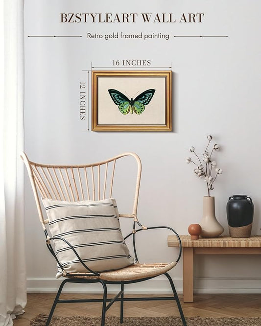 Bzstyleart Vintage Wall Art Decor, Vintage Gold Framed Wall Art, Green Butterfly Frmaed Artwork for Office, Aesthetic Canvas Picture Print, Painting for Bedroom Living Bathroom, 12 x 16 Inch