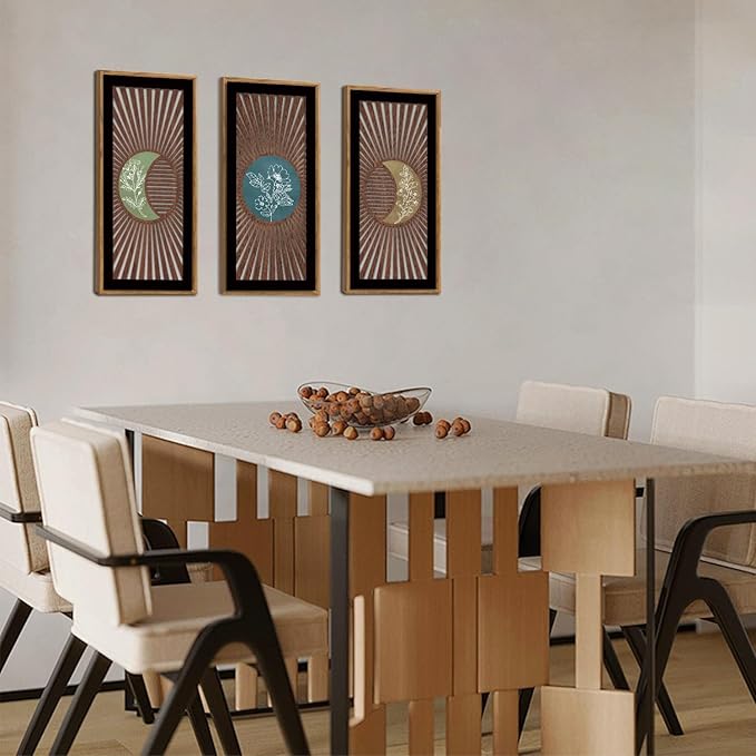IARTTOP 3Pcs Boho Moon Phase Wall Decor Framed Celestial Wood Wall Art Set Mid Century Modern Abstract Geometric Botanical Hanging Decor for Living Room Bedroom Minimalist Home Decor 7.9x15.8 Inch