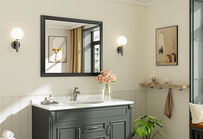 Briivue 36x30 Inch Black Bathroom Mirror for Wall, Thick Metal Framed Rectangle Mirrors for Over Sink, Bedroom, Living Room, Entryway, Anti-Rust, HD Tempered Glass
