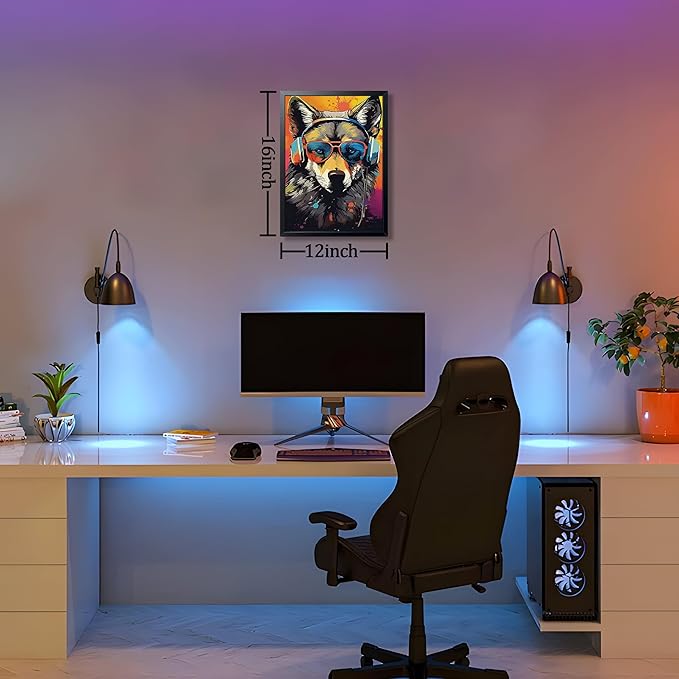 Cool Wolf Wall Art Framed Canvas Print, Wolf Wearing Sunglasses and Headphones Pop Art Poster, Vibrant Graffiti Music King Animal Painting for Boys Room Bedroom Gaming Room Home Decor 12x16 Inch