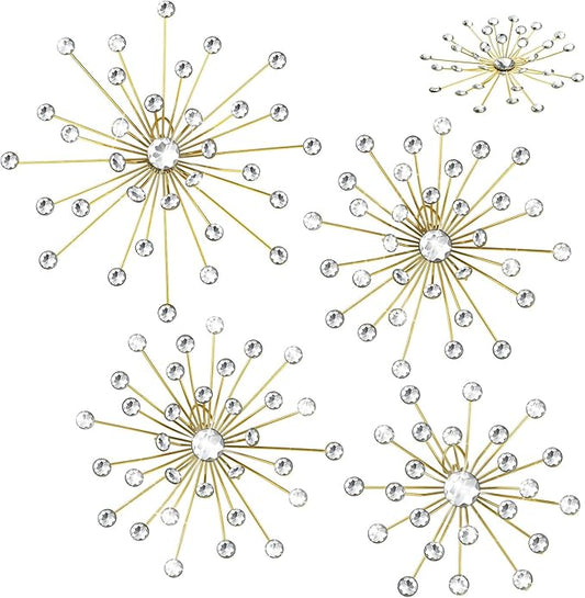 Funnymoom 4 Pcs Gold Starburst Wall Decor Metal Bling Wall Art Gold Crystal Sparkling Rhinestones Bling Decorative Hanging Diamond for Living Room Bedroom Home Office