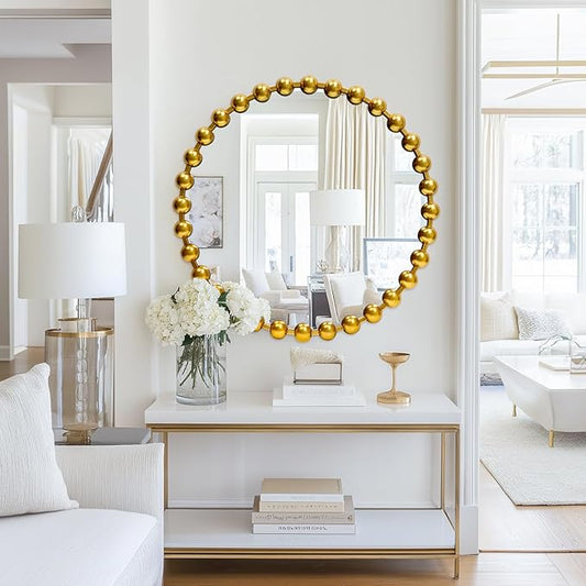 Round Gold Mirror 28'', Spherical Frame Round Mirror for Living Room, Beaded Mirror for Bathroom, Dining Roon, Bed Room, Entryway