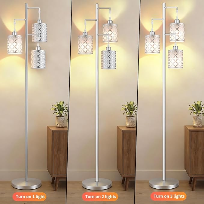 Dimmable Floor Lamp, Farmhouse Standing Lamp with Elegant Metal Cage, Industrial Tall Tree Floor Lamps for Living Room, Bedroom, Study Room, Office, 3 x 1100LM LED Bulbs Included,72",Silver
