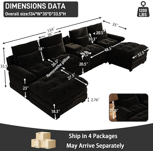 134"U Shaped Sectional Couches for Living Room, Oversized Modular Sectional Fluffy Couch with 2 Ottoman & Storage Console,Modern 6 Seat Living Room Sofa with Glitter Fabric,Tufted Buttons, Black