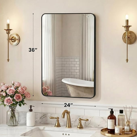 OLIXIS Bathroom Mirror for Over Sink, 36x24 Inch Wall Mount Mirror with Rounded Rectangle and Matte Metal Framed, Modern Wall Vanity Mirror for Home Decor, Living Room, Bedroom, Black