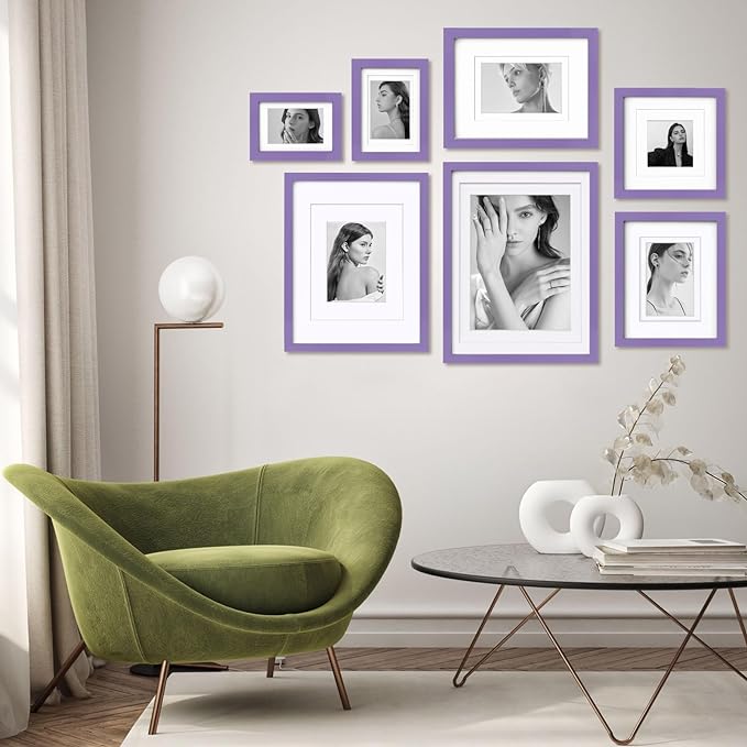 Egofine 9x12 Picture Frames 4PCS Covered by Plexiglass, Wood Frames for Pictures 5x7/6x8 with Mat or 9x12 without Mat, Tabletop and Wall Mounting Display, Purple