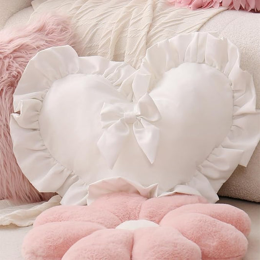 MOJUN Heart Pillows, White Bow Ruffle Love Heart Shaped Throw Pillows Decorative Pillow Cushion for Sofa Bed Living Room Home Decor Wedding Gifts Pillows, 19.6"×15.7"
