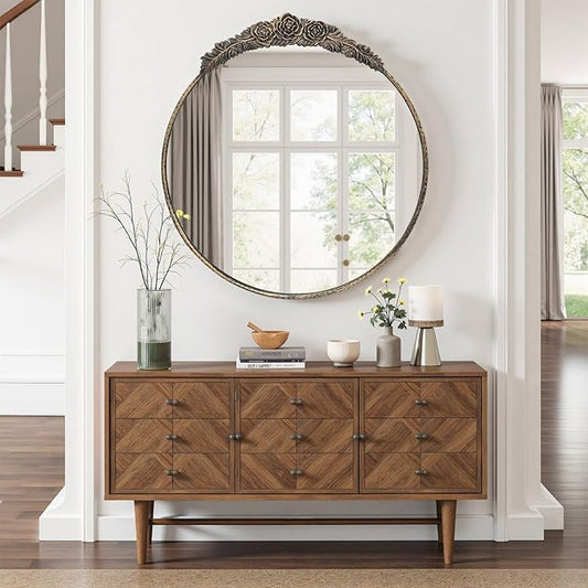 Growsun Round Wall Mirror with Vintage Black Floral Frame – 24 Inch Decorative Wall Mirror for Living Room, Bedroom, Entryway, Bathroom Vanity – Elegant Antique Accent Home Décor