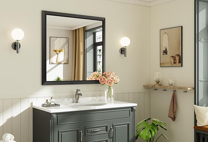 Briivue 36x36 Inch Black Bathroom Mirror for Wall, Thick Metal Framed Rectangle Mirrors for Over Sink, Bedroom, Living Room, Entryway, Anti-Rust, HD Tempered Glass