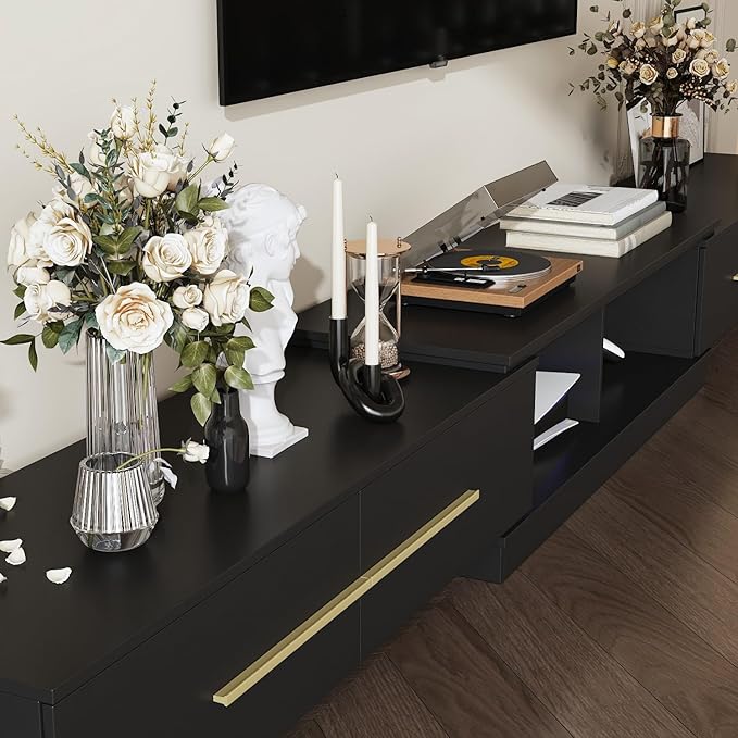 Modern TV Console Extendable Media Console, Adjustable Length, Contemporary Entertainment Center with Drawers and Legs, for Living Room Black and Gold (95”-133.9”W x 15.2”D x 13.1”H)