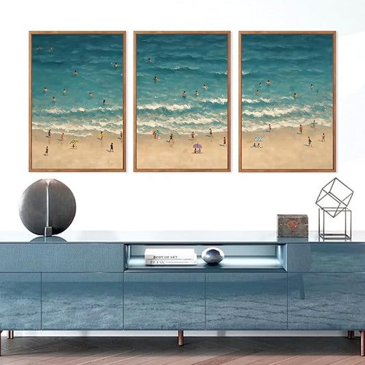 HLNIUC Summer Beach Framed Canvas Wall Art,Large Coastal Sea Wave Wall Decor,Blue Ocean Swimming Artwork Set of 3(24x36),Watercolor Seaside Holiday Art Prints for Living Room, Bedroom,Office
