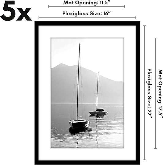 Americanflat 16x22 Picture Frame with Polished Plexiglass - Set of 5 - Use as 12x18 Frame with Mat or Display 16x22 Photo Without Mat - Galleria Collection - Picture Frames for Wall Display - Black