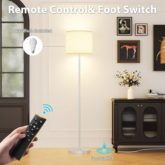 Keepsmile Dimmable Floor Lamps for LivingRoom with 12W LED Bulb, Foot Switch, Remote Custom Color Temperature Floor Light, Linen Shade Standing Lamps, Modern Tall Lamp for Office Bedroom-Silver