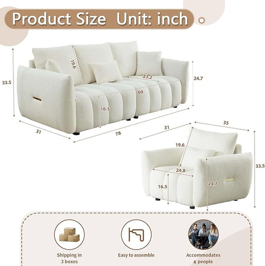 Antetek Teddy Sofa Set for Living Room, Modern Deep Seat Sofa Chair and Oversized 3-Seater Cloud Boucle Couch for Bedroom, Office, Apartment, Furniture Set, Beige (2 Piece)