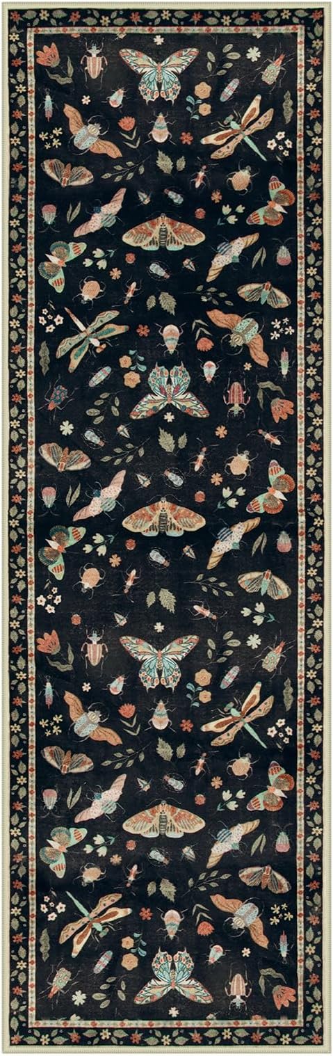 Lahome Insect Hallway Runner Rug, 2'5''x8' Ultra-Thin Washable Runners for Hallways Kitchen, Soft Laundry Room Rug Non-Slip Long Carpet for Entryway Bedroom Bathroom Vionnet, Black