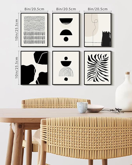 KUVIOKE Black Abstract Framed Wall Art Boho Room Decor Set of 6 Minimalist Geometric Line Art Bohemian Mid Century Modern Prints for Bedroom Living Room 8x10in (Black Framed)