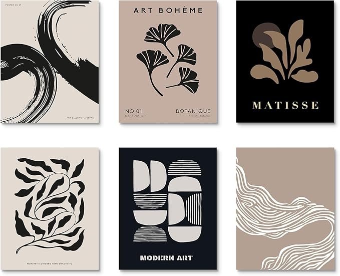 Habseligkeit Brown Abstract Posters for Room Aesthetic, Minimalist Matisse Wall Art Prints, Retro Room Decor Aesthetic Vintage Prints for Wall Decor Unframed, 8x10in, Set of 6