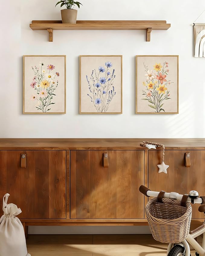 Drsoum Vintage Flower Bouquet Wall Art Framed Retro Bohemian Boho Colorful Floral Plant Rustic Artwork Nature Botanical Wildflower Prints Bedroom Living Room Ready to Hang 11x14in Natural Framed